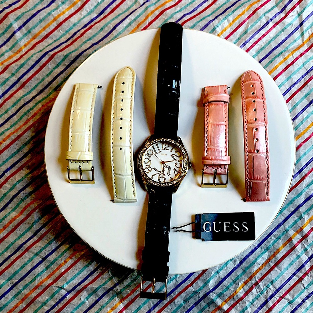 Guess gold sparkly watch. 3 leather straps.